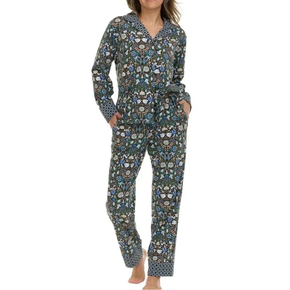 Vera Bradley Cotton Pajama Set Small Blue Brown Floral Notch Collar Long Sleeve